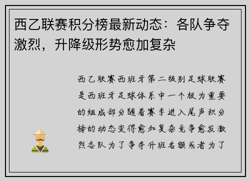 西乙联赛积分榜最新动态：各队争夺激烈，升降级形势愈加复杂