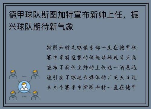 德甲球队斯图加特宣布新帅上任，振兴球队期待新气象