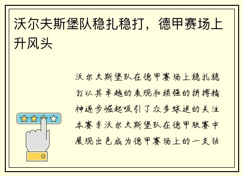 沃尔夫斯堡队稳扎稳打，德甲赛场上升风头