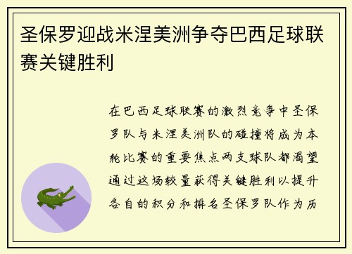 圣保罗迎战米涅美洲争夺巴西足球联赛关键胜利